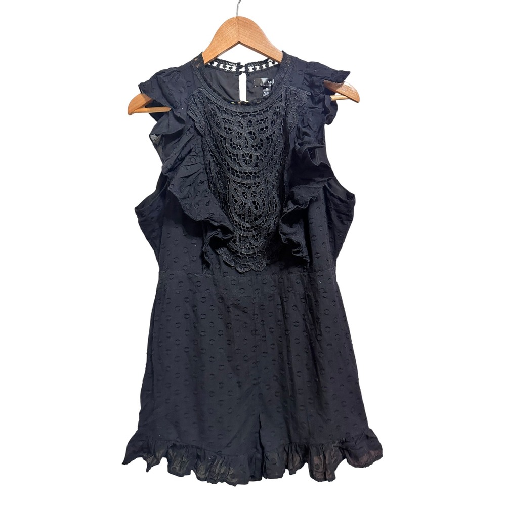 Aqua Black Swiss Dot Crochet Lace Ruffle Romper XL Cotton‎ Boho